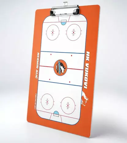 Close-up of a high-quality dry erase surface on a custom coach board Hockey