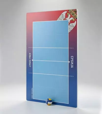 Volleyball play-caller board with custom team branding.