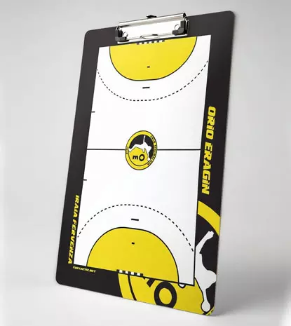 Back side of a custom coach board featuring a full-court layout